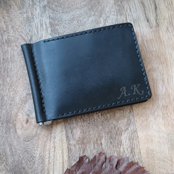 Personalized leather wallet with money clip and 8 card slots, with laser engraving of text or image