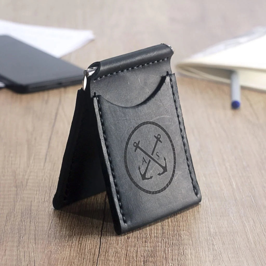 Portefeuille en cuir fin avec pince à billets pour homme fait à la main en cuir véritable bleu marine avec deux poches pour les cartes de crédit