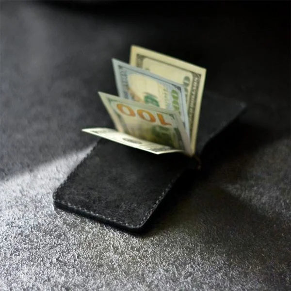 Custom money clip wallet for man handmade from black genuine leather with two pocket for credit cards. Father’s day gift