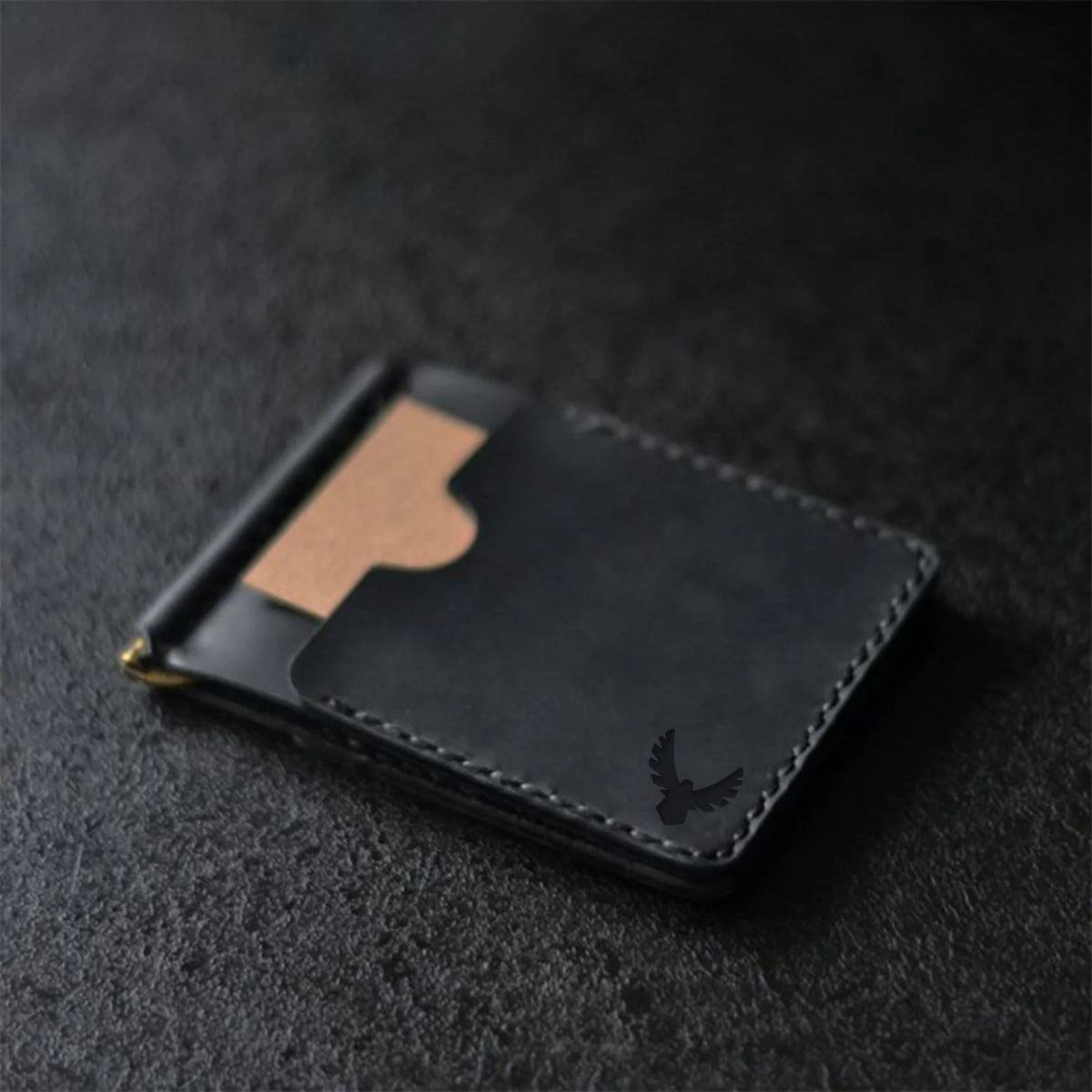 Custom money clip wallet for man handmade from black genuine leather with two pocket for credit cards. Father’s day gift