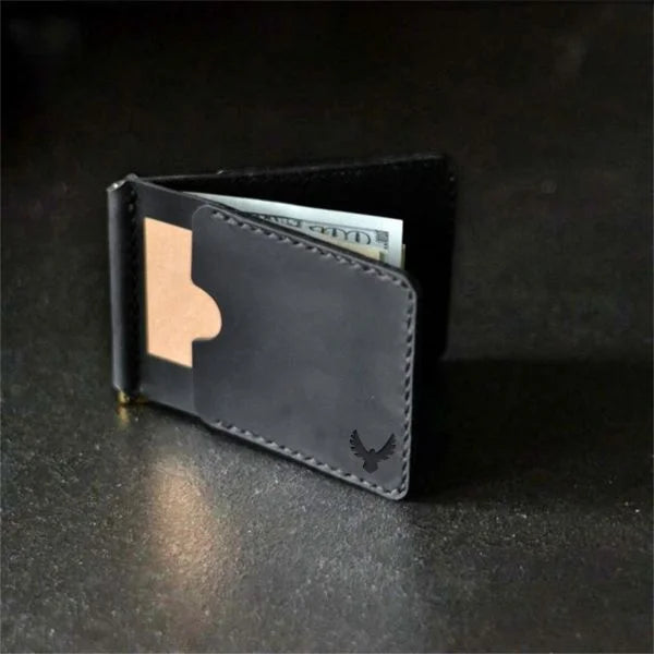 Custom money clip wallet for man handmade from black genuine leather with two pocket for credit cards. Father’s day gift