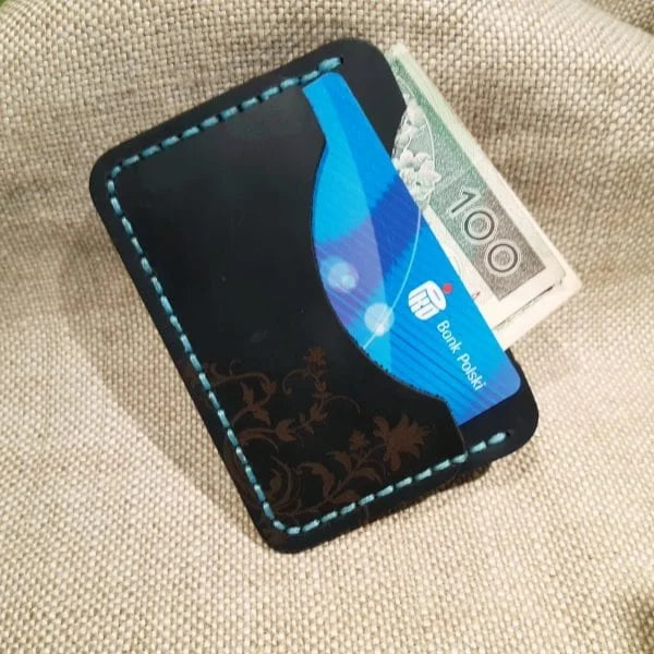 Dark blue handmade leather card holder by Luniko