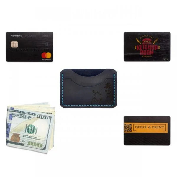 Dark blue handmade leather card holder by Luniko