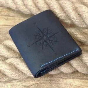 Personalized dark blue handcrafted leather wallet with engraving, 3 card slots, coin pocket and bill compartment
