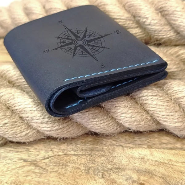 Personalized dark blue handcrafted leather wallet with engraving, 3 card slots, coin pocket and bill compartment