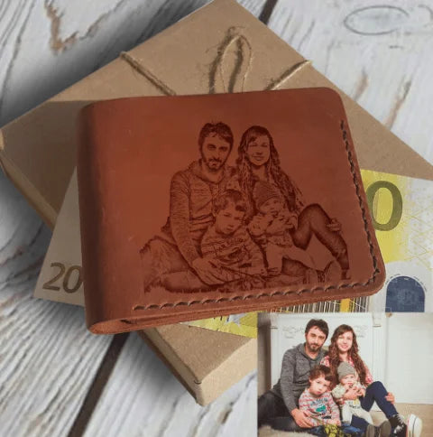 Portefeuille personnalisé avec photo Portefeuille en cuir pour homme gravé à la main avec photo de famille et souhaits, dates, initiales