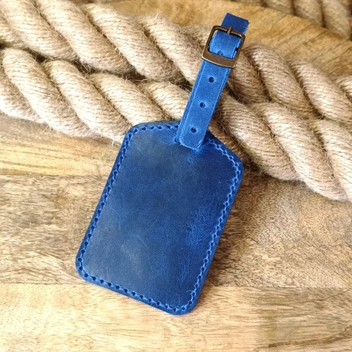 Etiquette de bagage personnalisée faite à la main en cuir bleu avec gravure nom, initiales, monogramme, logo, numéro de téléphone
