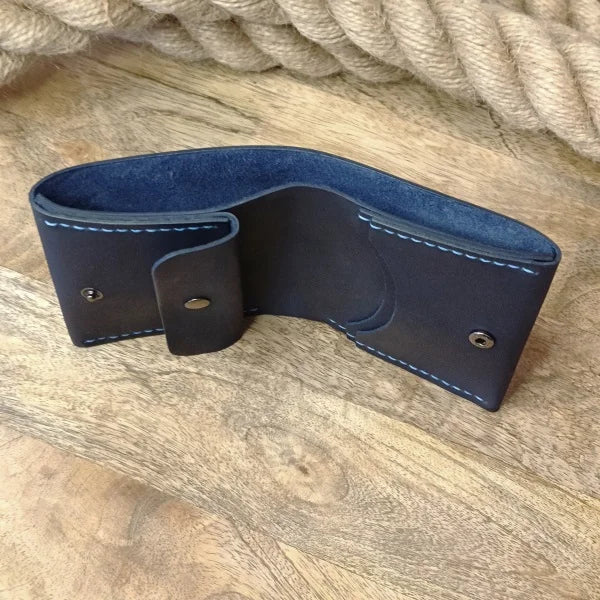 Personalized dark blue handcrafted leather wallet with engraving, 3 card slots, coin pocket and bill compartment