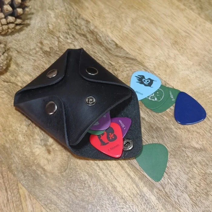 Leather guitar pick case personalized with engraving handmade from genuine leather with logo, name, and initials. Gift for guitarist or bassist