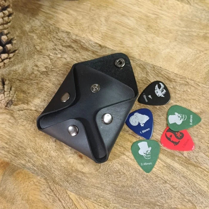 Leather guitar pick case personalized with engraving handmade from genuine leather with logo, name, and initials. Gift for guitarist or bassist