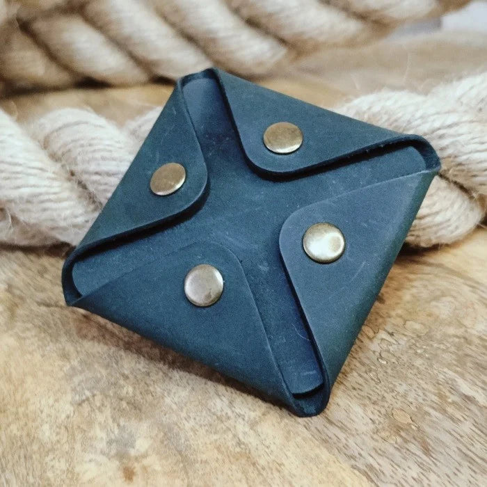 Hand-engraved leather guitar pick case with the band's logo, name, and initials. Gift for a guitarist or bassist.