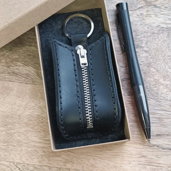 Personalized leather key case with engraving name, initials, phone number be a great gift for housewarming, birthday, Christmas or any other holiday