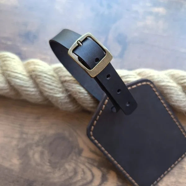 Personalized handmade brown leather luggage tag with monogram engraving, logo, name, initials, phone number, text, photo