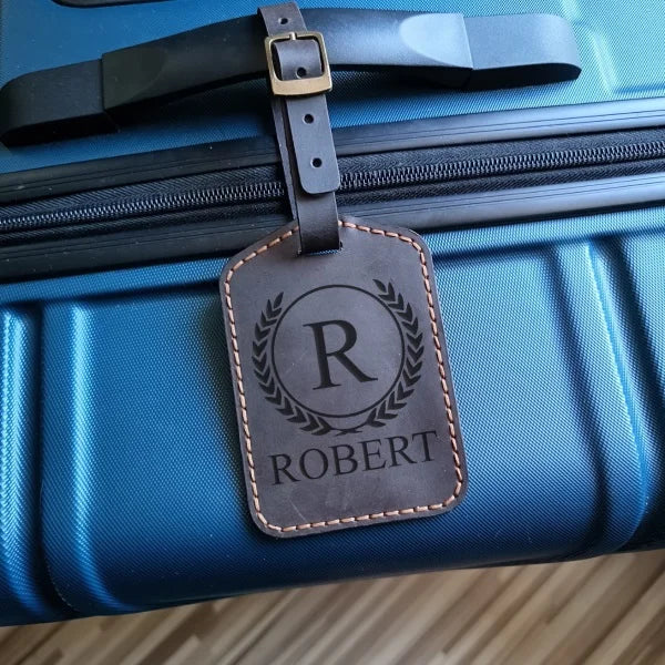 Personalized handmade brown leather luggage tag with monogram engraving, logo, name, initials, phone number, text, photo