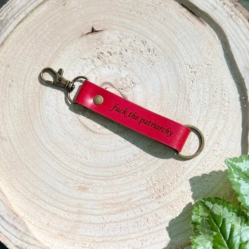 Fuck the Patriarchy Keychain Personalized Red Leather Keychain Engraved Keychain Custom Leather Key Fob Gifts for Feminists