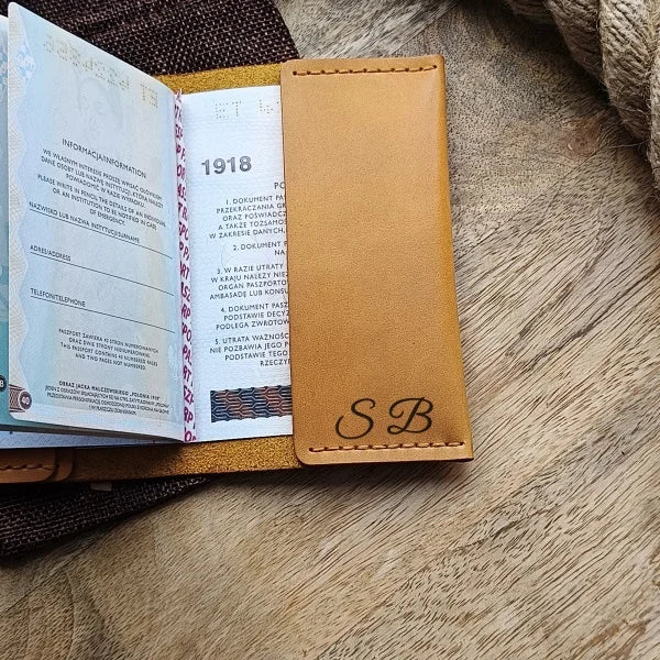 Yellow leather passport holder. Handmade and personalized passport holder. Custom passport case with engraving of name and initials.