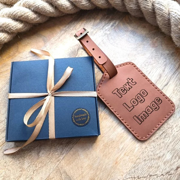 Personalized leather luggage tag. Custom luggage tag with name, initials, logo, phone number.