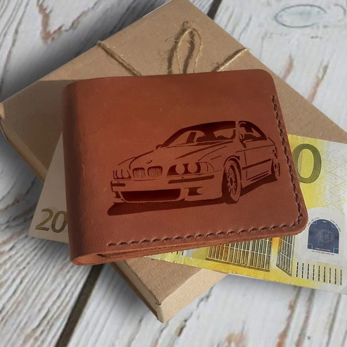 Cadeaux pour les propriétaires de BMW. Portefeuille en cuir personnalisé pour homme avec gravure du nom, du texte et de l’image de votre choix.