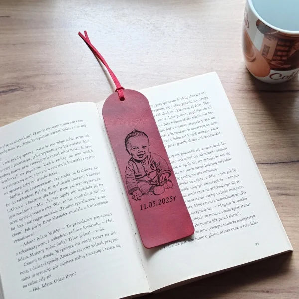 Custom Personalized Bookmark Handmade from Burgundy Leather Engraved Photo, Name, Initial, Quote. Gift on Birthday, Christmas and Anniversary