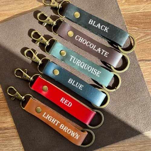 Dad Key Chain Personalized Leather Keychain Custom Key Fob Key Ring Engraved Handwriting Initial Name Keychain