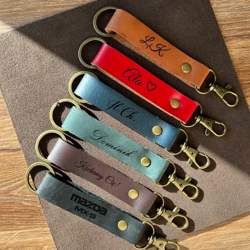 Dad Key Chain Personalized Leather Keychain Custom Key Fob Key Ring Engraved Handwriting Initial Name Keychain