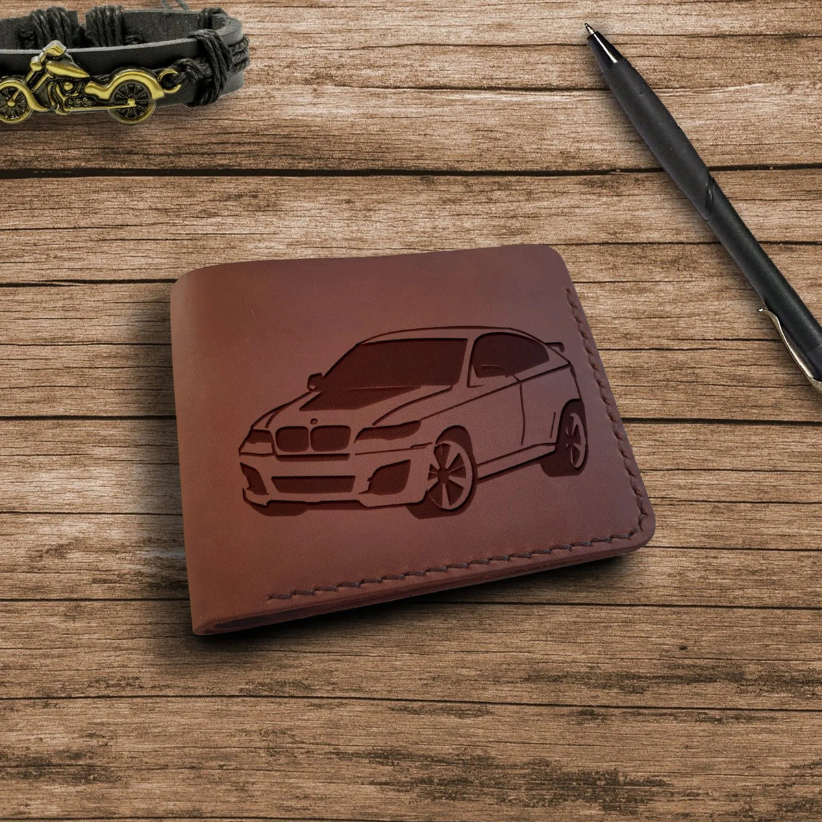 Cadeaux pour les fans de BMW Portefeuille en cuir personnalisé pour homme avec gravure du nom des initiales d’un monogramme d’un texte ou d’une photo