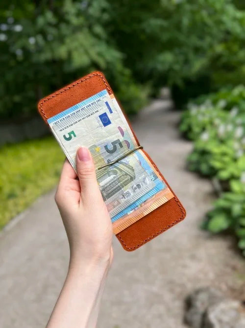 Men's handmade brown leather wallet with money clip, crafted from genuine leather with two credit card pockets