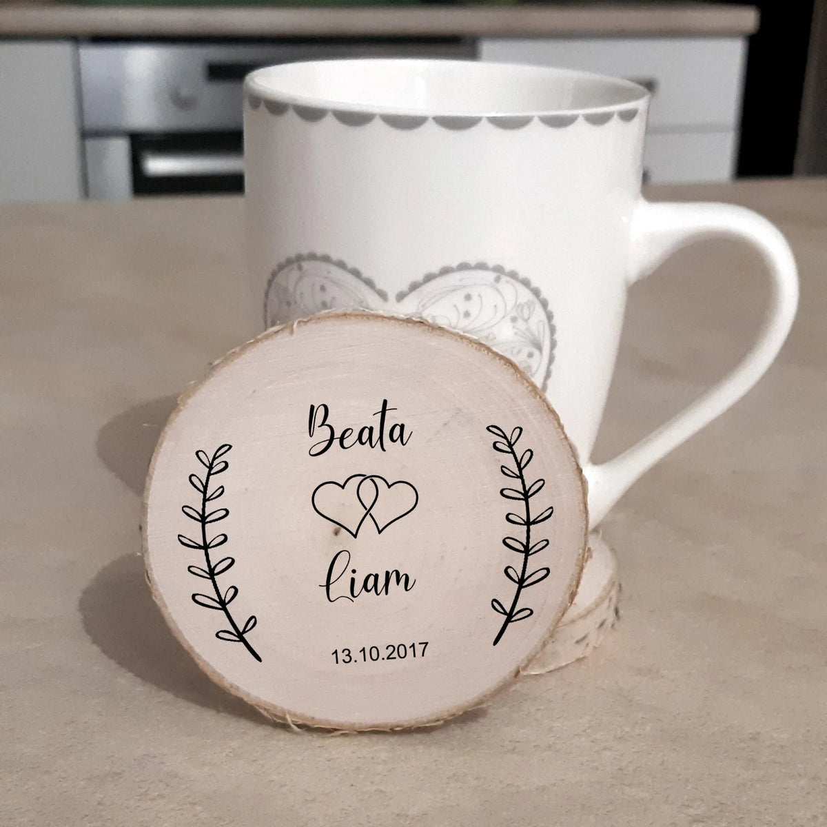 Custom Names – Date Engraved Wood 4 Coasters Set. Wedding or Anniversary or Housewarming Gift
