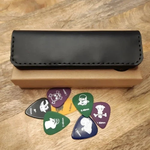Leather Guitar Pick Holder for 6 Picks Personalized Leather Guitar Pick Case with Engraving of the Band’s Logo, Musician’s Name or a Concert Photo etc.