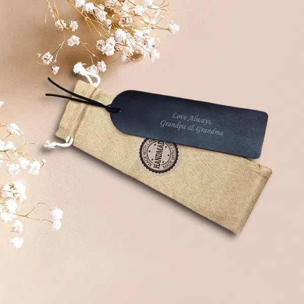 Personalised Custom Bookmark Handmade from Black Leather with Engraved Name, Initial, Quote. Best Gift for Father or Mother
