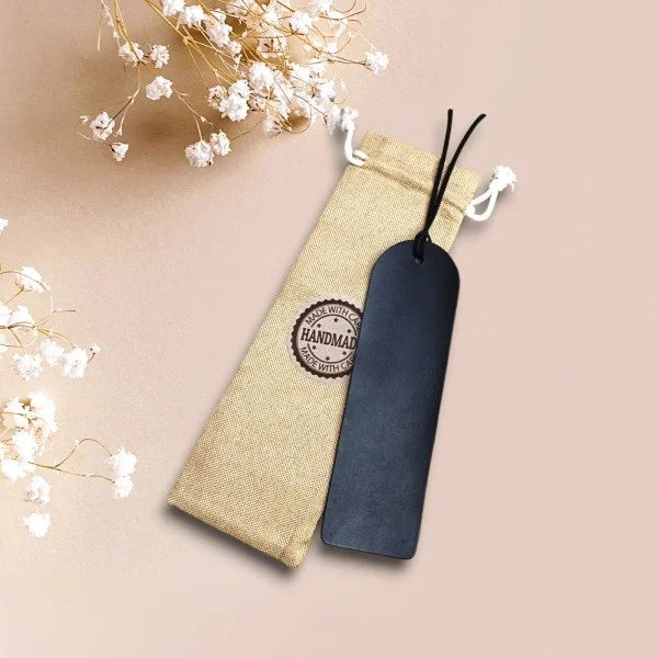 Personalised Custom Bookmark Handmade from Black Leather with Engraved Name, Initial, Quote. Best Gift for Father or Mother
