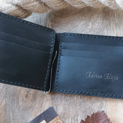 Personalized leather wallet with money clip and 8 card slots, with laser engraving of text or image