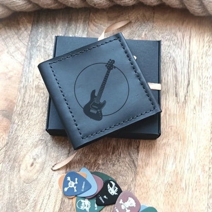 Leather Guitar Pick Holder for 16 Picks Personalized with Engraving of the Band’s Logo, Musician’s Name or a Concert Photo etc.