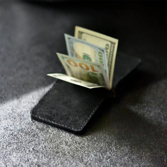 Custom money clip wallet for man handmade from black genuine leather with two pocket for credit cards. Father’s day gift