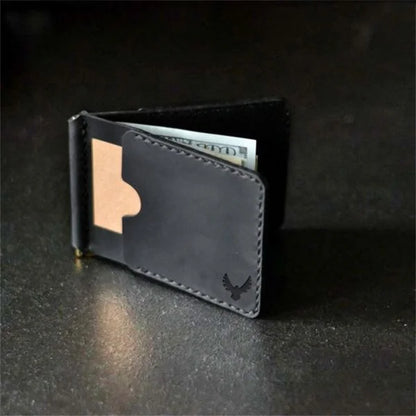 Custom money clip wallet for man handmade from black genuine leather with two pocket for credit cards. Father’s day gift