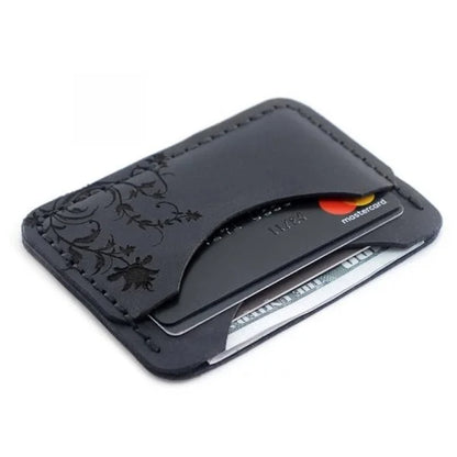 Card holder handmade from black genuine leather with laser engraving. Men’s wallet for cards