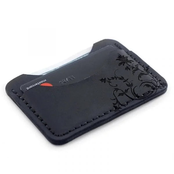 Card holder handmade from black genuine leather with laser engraving. Men’s wallet for cards