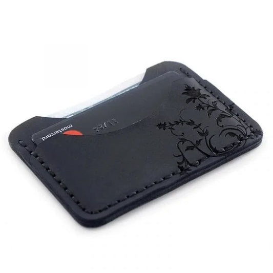 Card holder handmade from black genuine leather with laser engraving. Men’s wallet for cards