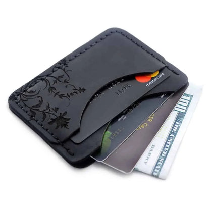 Card holder handmade from black genuine leather with laser engraving. Men’s wallet for cards