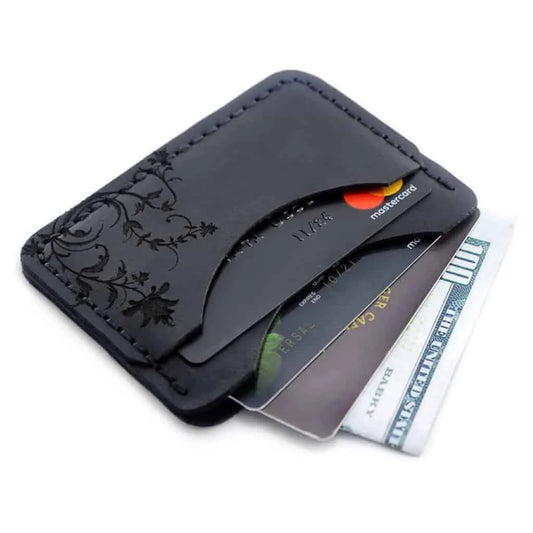 Card holder handmade from black genuine leather with laser engraving. Men’s wallet for cards