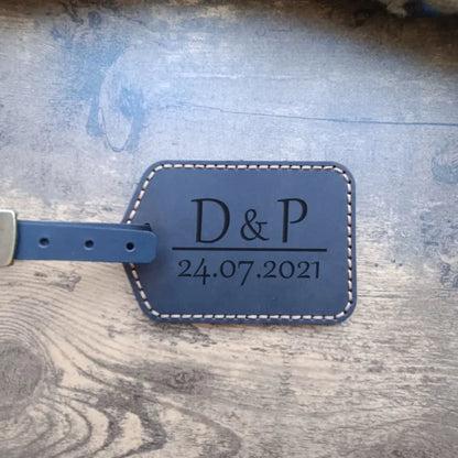 Personalized handmade brown leather luggage tag with monogram engraving, logo, name, initials, phone number, text, photo