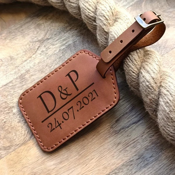 Personalized leather luggage tag. Custom luggage tag with name, initials, logo, phone number.