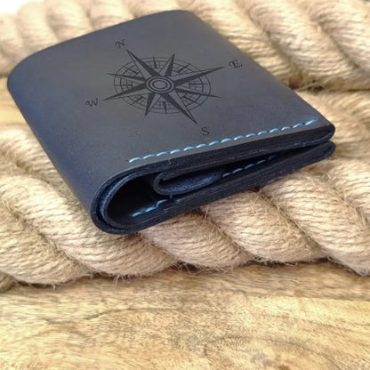 Personalized dark blue handcrafted leather wallet with engraving, 3 card slots, coin pocket and bill compartment