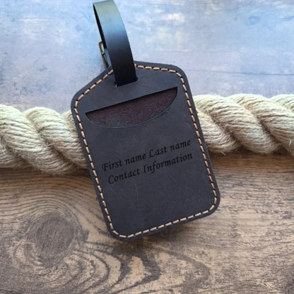 Personalized handmade brown leather luggage tag with monogram engraving, logo, name, initials, phone number, text, photo