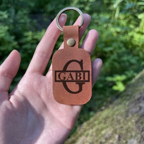 Leather keychain with wolf personalized handmade with engraving of initials, date, name of any text or image. The best gift for a man.