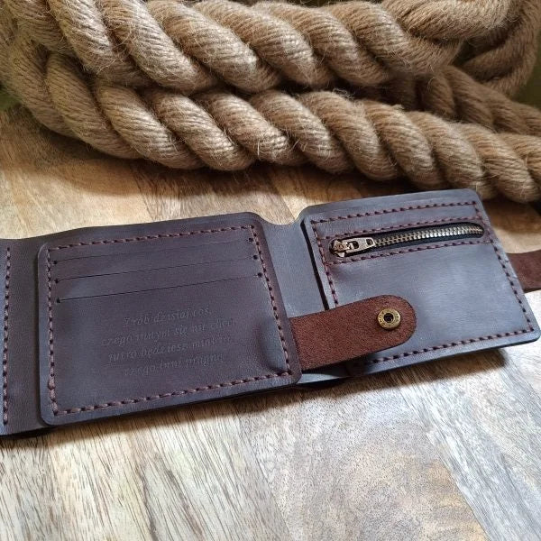 Handmade men's leather RFID wallet with engraving, holds 11 cards, banknotes, and 2 photos or ID cards, with a coin pocket.