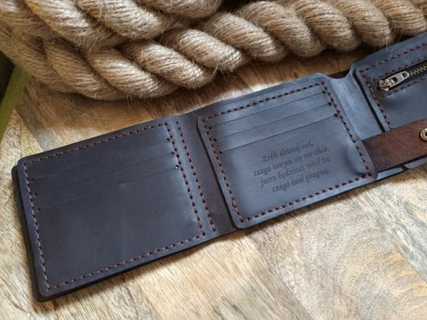 Handmade men's leather RFID wallet with engraving, holds 11 cards, banknotes, and 2 photos or ID cards, with a coin pocket.