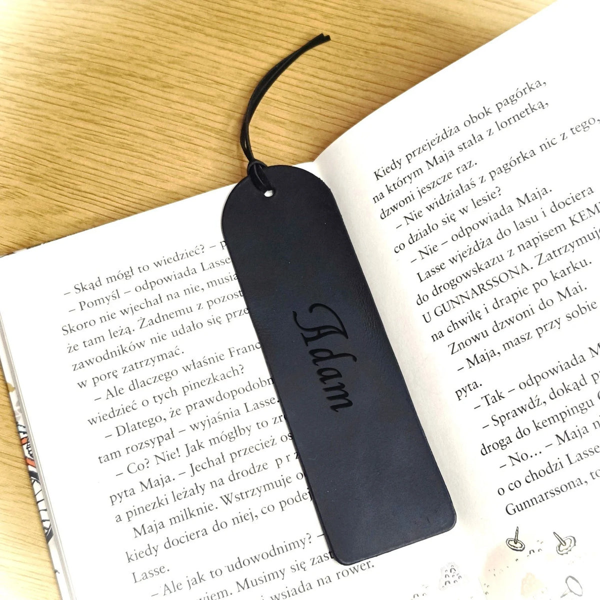 Personalised Custom Bookmark Handmade from Black Leather with Engraved Name, Initial, Quote. Best Gift for Father or Mother