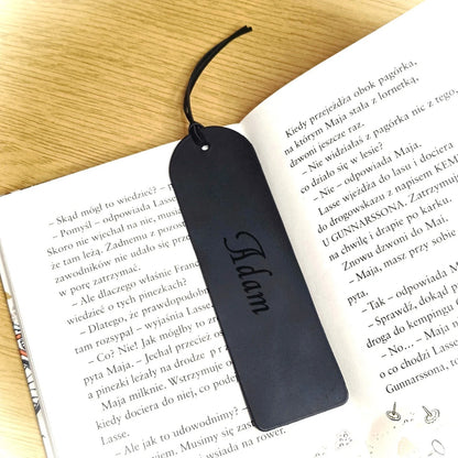Personalised Custom Bookmark Handmade from Black Leather with Engraved Name, Initial, Quote. Best Gift for Father or Mother