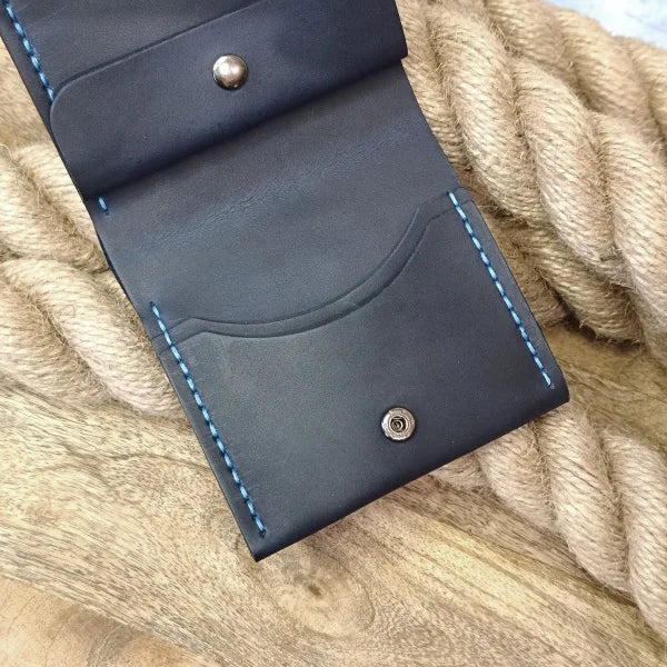 Personalized dark blue handcrafted leather wallet with engraving, 3 card slots, coin pocket and bill compartment